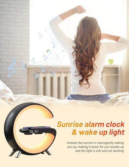 Smart Sunrise Alarm Clock with Wireless Charge Station, White Noise and APP Control, Sound Machine Wake up Light Bluetooth Speaker with 256 Night Light